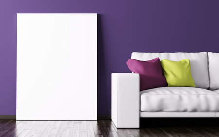 Interior of living room with poster and white sofa against of purple wall 3d rendering