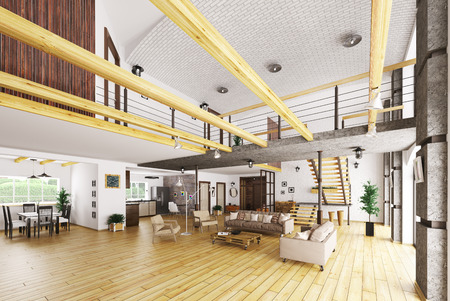 Interior of modern house, living room, hall, kitchen, staircase 3d renderingの写真素材