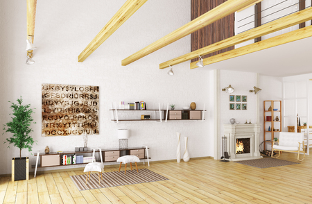 Interior of lounge room with fireplace 3d renderingの写真素材