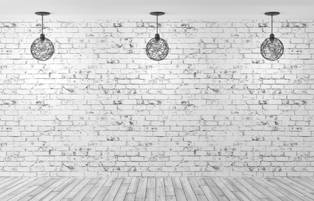 Three lamps over brick wall interior background 3d renderingの写真素材