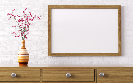 Blank wooden frame above dresser with flower vase interior decoration background 3d renderingの写真素材