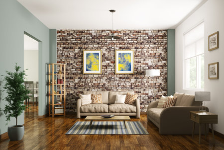 Modern living room interior with two sofas 3d rendering