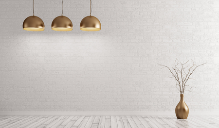 Empty interior background, room with metal brass lamps over white brick wall 3d renderingの写真素材