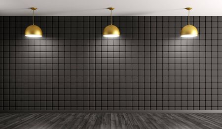 Golden lamps against of black tiled wall interior background 3d renderingの写真素材