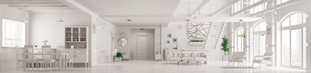 Modern white loft apartment interior, living room, hall, staircase, panorama 3d render