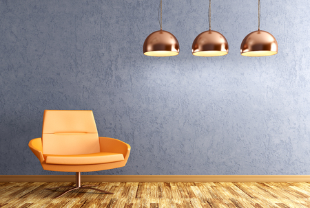 Modern interior of living room with orange armchair and copper lamps over blue wall 3d renderingの写真素材
