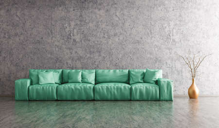 Modern interior of living room with green sofa and vase against of concrete wall 3d renderingの写真素材