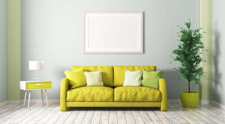 Interior of living room with sofa, wooden cabinet,plant and frame 3d renderの写真素材