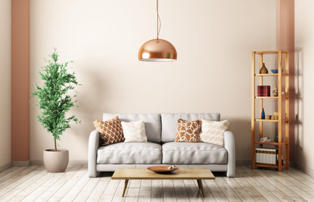Modern interior of living room with gray sofa, lamp,shelf,coffee table 3d rendering