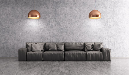 Modern interior of living room with black leather sofa and lamps against of concrete wall on cement...