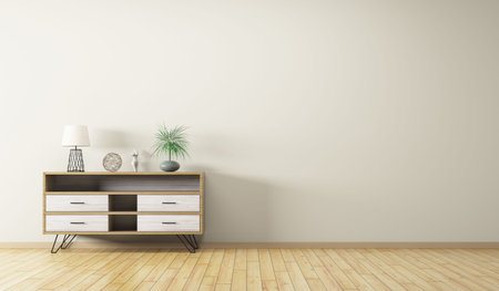 Modern interior of living room with wooden cabinet 3d rendering
