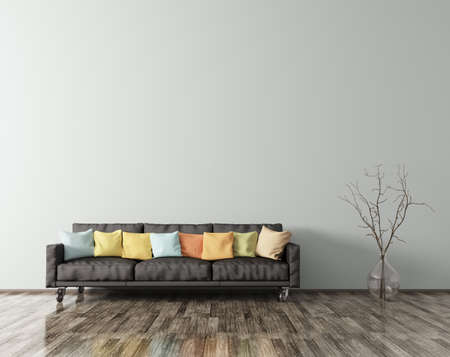 Modern interior of living room with black sofa, multicolored cushions and vase with branch 3d renderingの写真素材