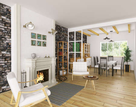 Interior of living room with fireplace and dining room 3d renderingの写真素材