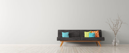 Modern interior of living room with black sofa, vibrant cushions and vase with branch 3d rendering