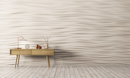 Interior background of living room with wooden side table 3d render