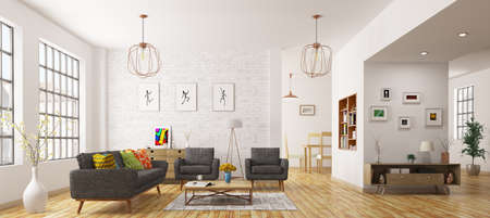 Modern interior of living room, scandinavian style 3d renderingの写真素材