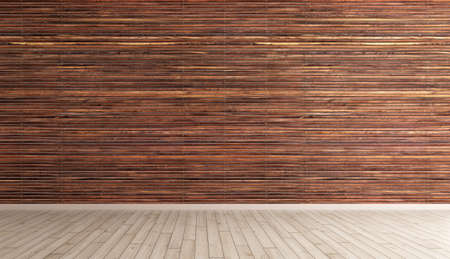 Empty interior background, brown wood paneling wall and hardwood flooring 3d renderingの写真素材