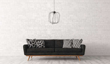 Modern interior of living room with black sofa and lamp against of white brick wall 3d renderingの写真素材
