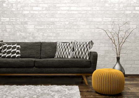 Modern interior of living room with black sofa, rug and knitted pouf over white brick wall 3d renderingの写真素材
