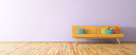 Modern interior of living room with orange sofa, vibrant cushions over purple wall 3d renderingの写真素材