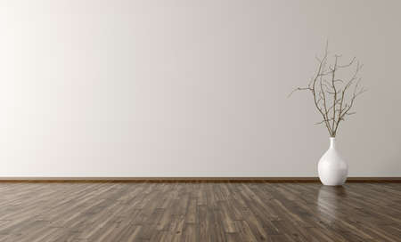 Empty room interior background, white vase with branch on the wooden floor 3d renderingの写真素材