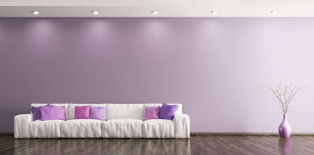 Modern interior of living room with white sofa and vase against of purple wall panorama 3d renderingの写真素材