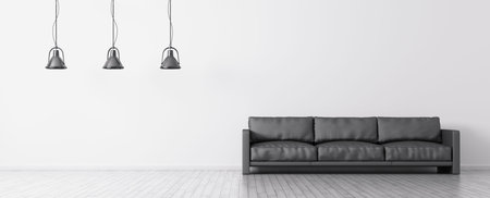 Modern interior of living room with black sofa and lamps against of white wall panorama 3d renderingの写真素材