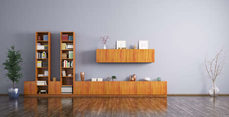 Modern living room interior with wooden bookshelves 3d renderingの写真素材
