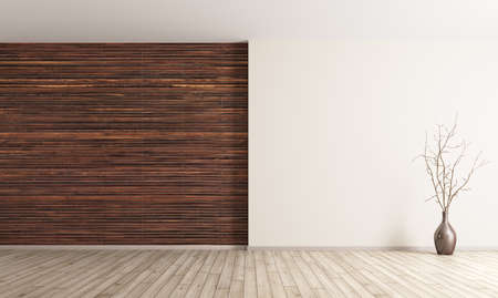 Empty interior background, room with brown wood paneling wall and vase with branch 3d renderingの写真素材