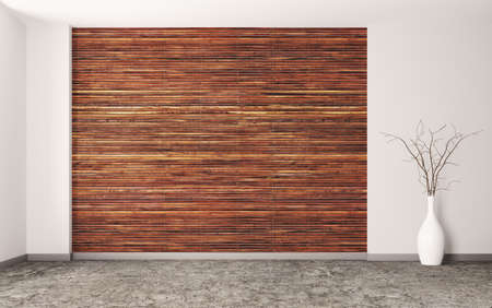 Empty interior background, room with brown wood paneling wall and concrete flooring, vase with branch 3d renderingの写真素材