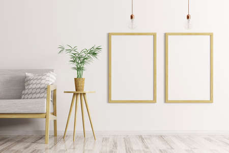 Interior of living room with grey sofa and two mock up frames on the white wall 3d renderingの写真素材