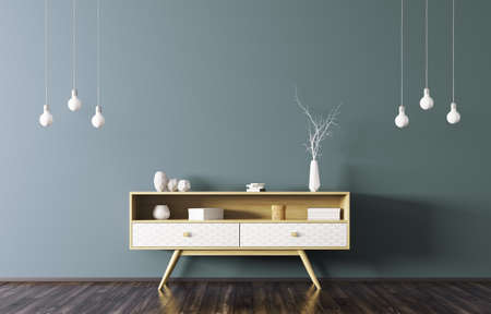 Modern interior of living room with wooden sideboard and light bulbs over blue wall 3d renderingの写真素材