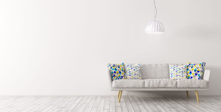 Modern interior design of living room with white sofa and ceiling lamp against of white wall on the...