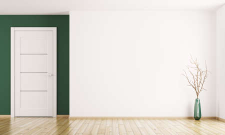 Interior background of empty room with white door and vase with branch 3d renderingの写真素材