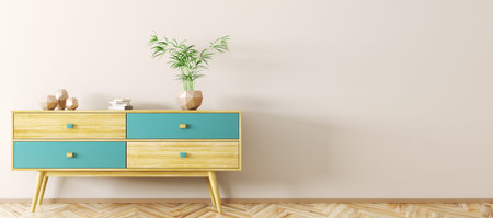 Modern interior of living room with wooden sideboard over beige wall on the parquet floor, scandinavian style, panorama, 3d renderingの写真素材