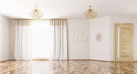 Empty interior, room with window,curtains, lamps and wooden door 3d renderingの写真素材