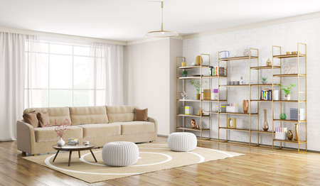 Home interior of modern living room with sofa and bookshelf 3d renderingの写真素材