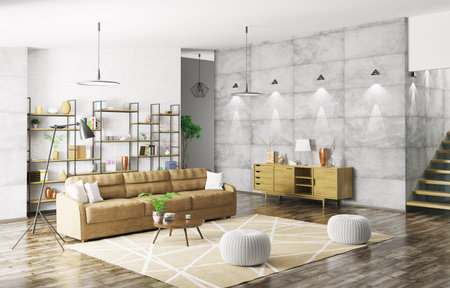Home interior of modern apartment, living room, hall 3d rendering
