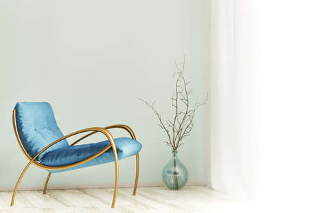 Interior of modern living room with blue armchair against of window 3d renderingの写真素材