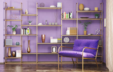 Home interior of modern living room with armchair and bookshelf 3d renderingの写真素材