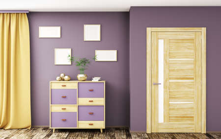 Modern interior of living room with door and wooden cabinet 3d renderingの写真素材
