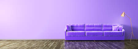 Modern interior of living room with ultraviolet sofa panorama 3d renderingの写真素材