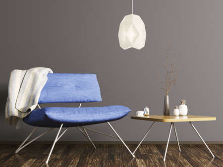 Interior of living room with coffee table, lamp and  blue armchair 3d renderingの写真素材