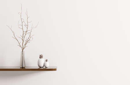Wall decoration, wooden shelf with branchin vase, interior background 3d renderingの写真素材