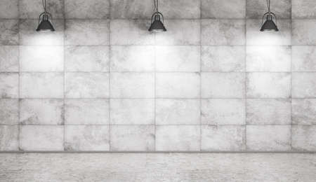 Interior background of a room with concrete tiled wall, beton floor and lamps 3d renderingの写真素材