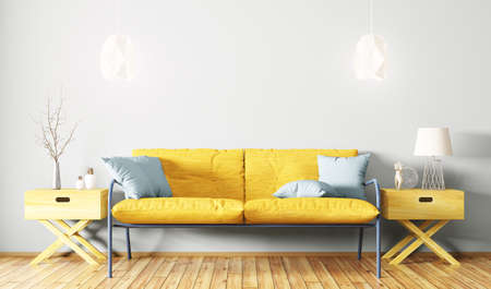 Interior of living room with yellow sofa, side tables, lamps 3d renderingの写真素材