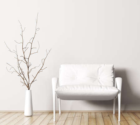 Interior of living room with white armchair and vase with branch 3d renderingの写真素材