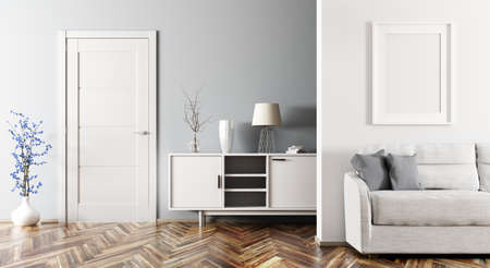 Modern interior of living room with sofa, cabinet and door 3d renderingの写真素材