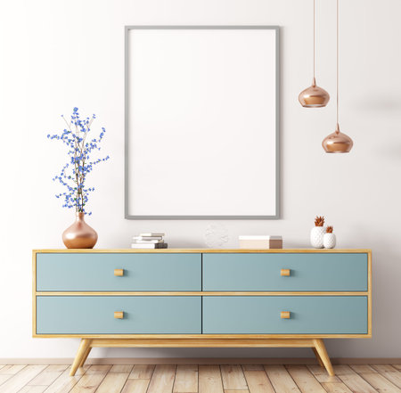 Modern interior of living room with wooden dresser and mock up poster 3d rendering
