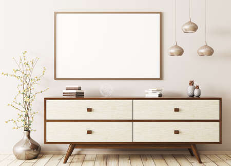 Modern interior of living room with wooden dresser and mock up poster 3d renderingの写真素材